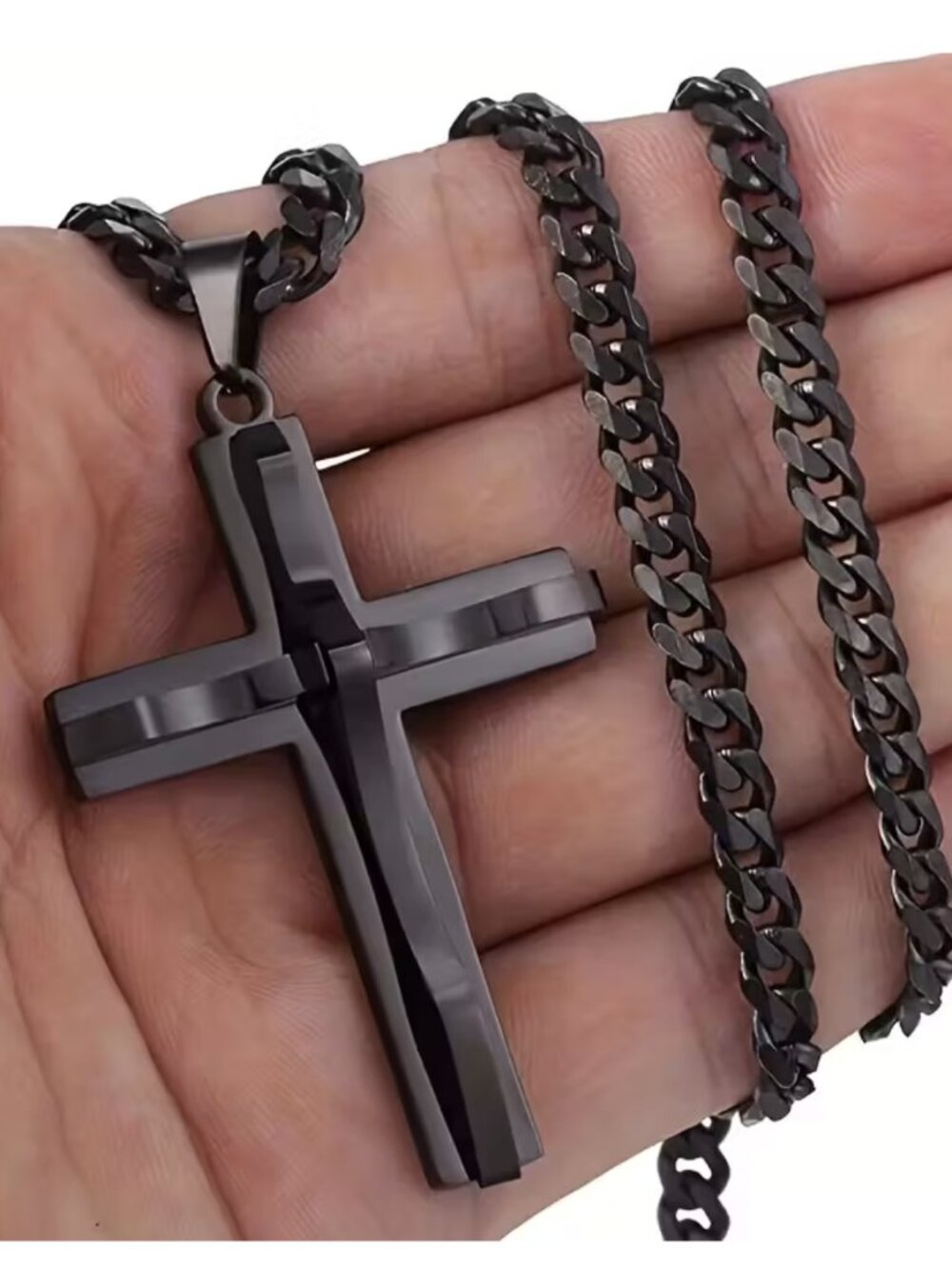 Black Cross Pendant Necklace on Cable Chain Statement Crucifix Jewelry Unisex